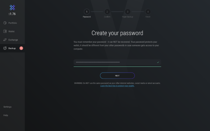 Exodus backup create password screenshot