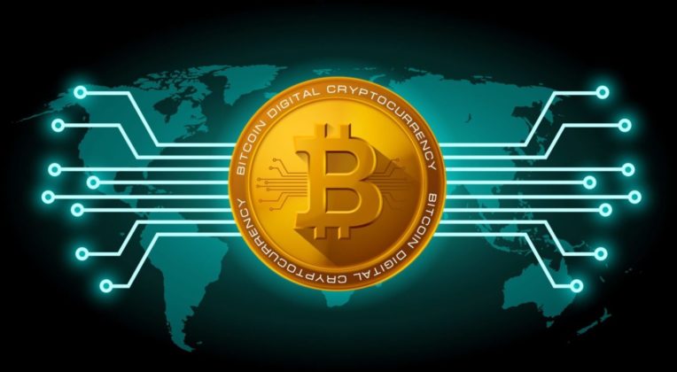 bitcoin image with world map and black background