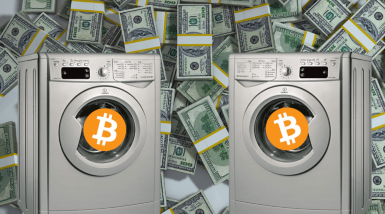 bitcoin logo in the laundry machine with background in dollar