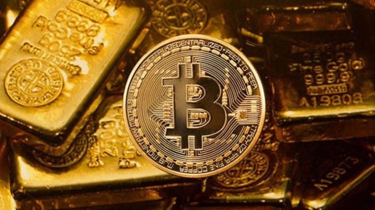 BTC Bitcoin cryptocurrency coin on gold shiny bars