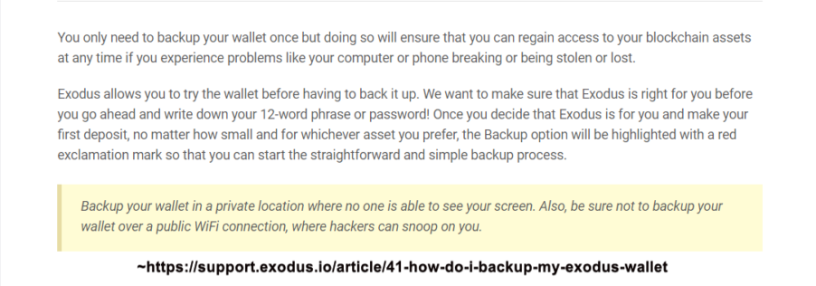 Screenshot of exodus' article on how to backup exodus wallet