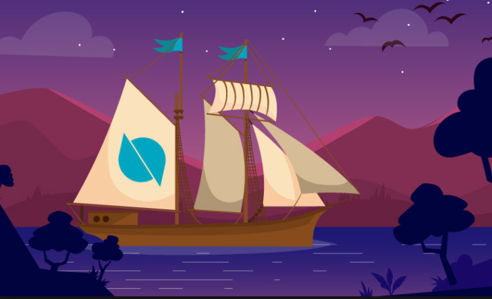 ontology ship cartoon with red mountains and purple waters with trees in front and birds