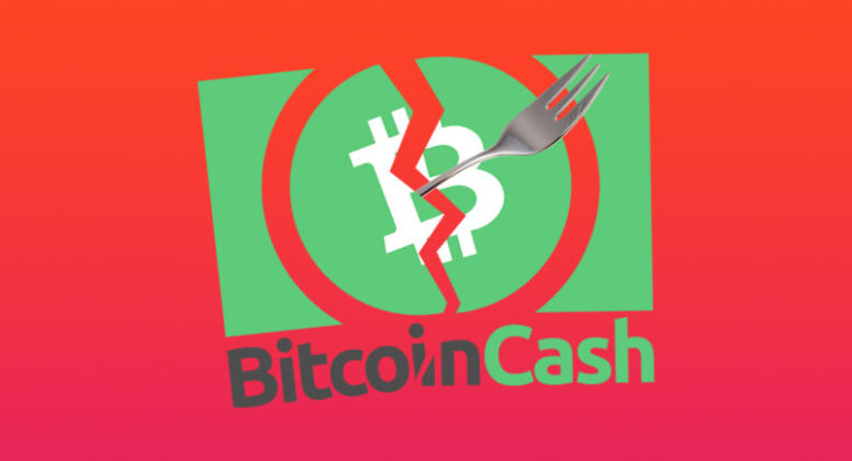 silver fork splitting bitcoin cash logo with red background