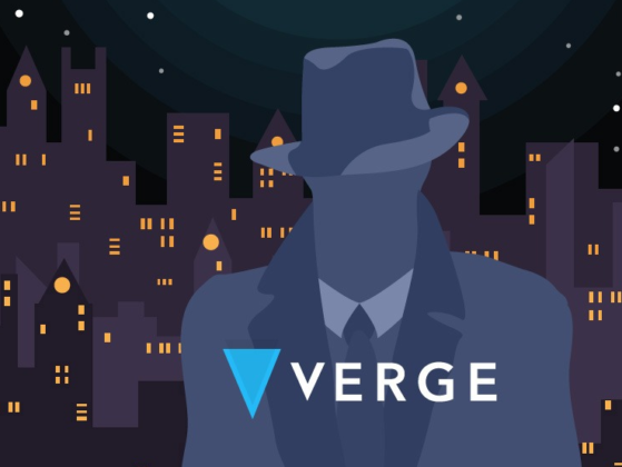 verge logo with cloaked man behind with dark purple skyline and stars