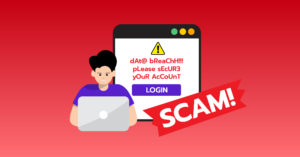 Illustration of a guy behind a laptop screen with a crypto scam warning in the background