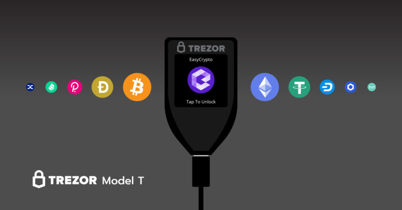 Illustration of a Trezor crypto wallet with crypto coin logos on either side to depict the topic of How to set up and use the trezor model t