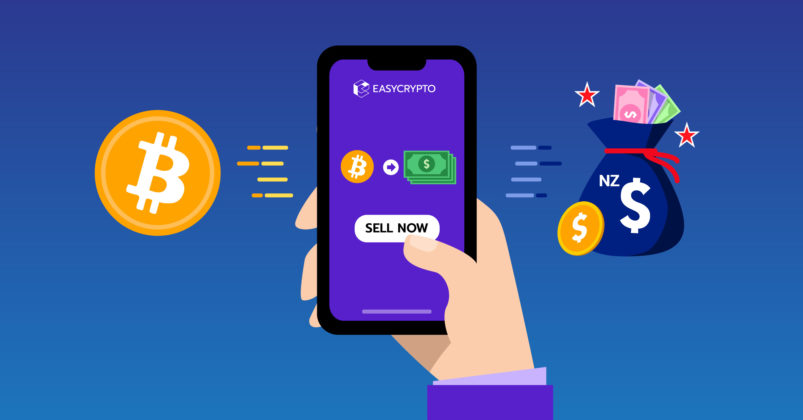 Illustration of a person holding a phone with a bitcoin on the left and a bag of cash on the right to depict how to cash out bitcoin in New Zealand