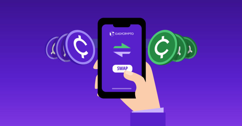 Illustration of a phone held by a hand with two coins hovering on the left and right to illustrate the idea of what is a crypto swap