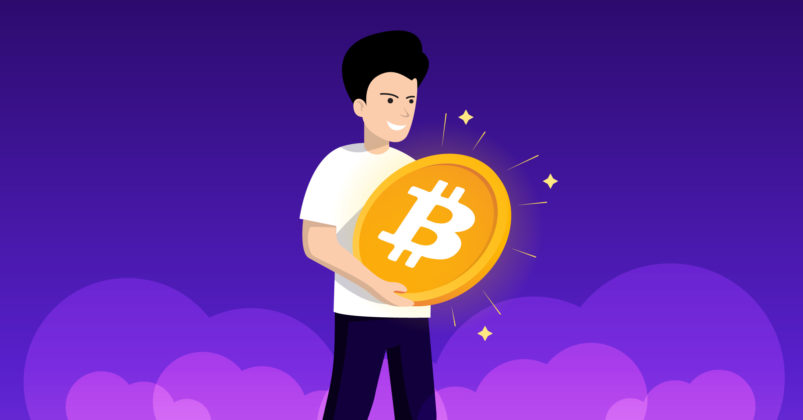 Illustration of a person holding a Bitcoin with two hands on a purple background
