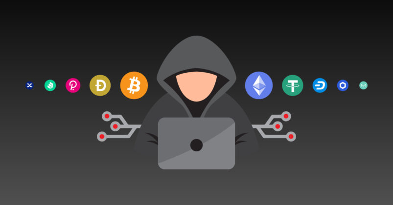 Illustration of a suspicious person wearing a hoodie and crypto logos behind him to depict the topic of what is a crypto money mule