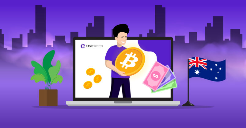 Illustration of a laptop with a man holding a bitcoin in hand to depict investing in Bitcoin in Australia