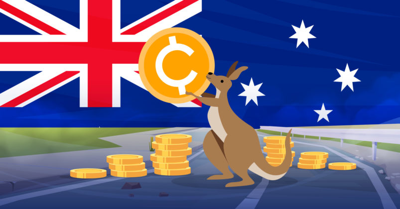 Illustration of a kangaroo holding a coin in front of the Australian flag to convey the topic of what are the most popular cryptocurrencies to invest in Australia.