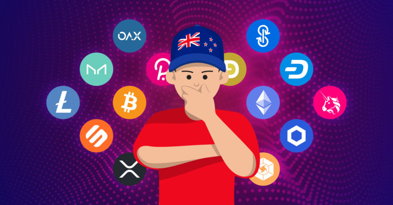 Illustration of a man with a new zealand hat holding his hand up to his chin to illustrate the topic of which cryptocurrency should i buy in NZ