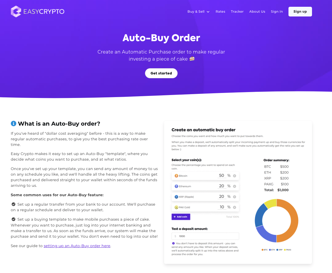 Screenshot of Easy Crypto Auto Buy order page. 