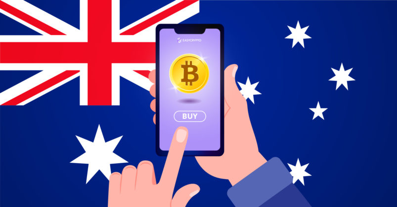 Illustration of a phone with a Bitcoin logo displayed on the screen backdropped by the Australian flag