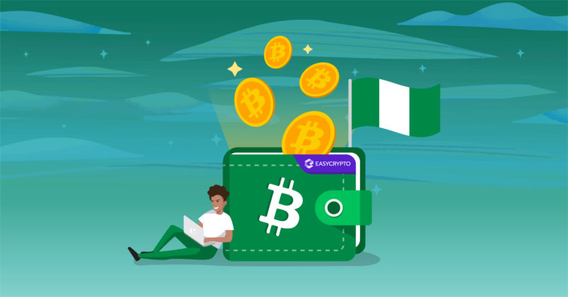 Illustration of a wallet with a bitcoin logo and the Nigerian flag on the corner