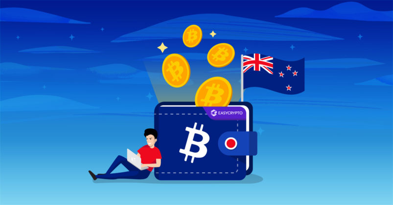 Illustration of a wallet with a bitcoin logo and the New Zealand flag on the corner