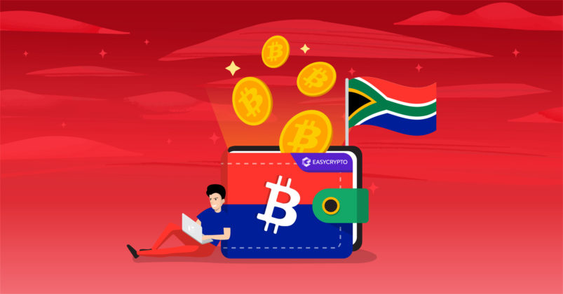 Illustration of a wallet with a bitcoin logo and the South Africa flag on the corner