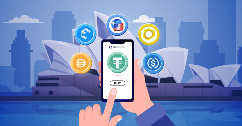 Illustration of a phone surrounded by 6 stablecoins above it backdropped by the sydney opera house to illustrate the topic of buy stablecoins in Australia.