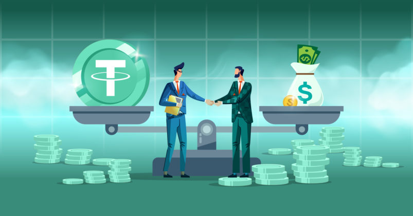 Illustration of a balance with Tether USDT on the left and a bag of cash on the right to illustrate the topic of what are stablecoins