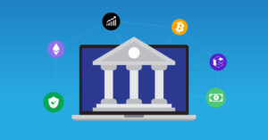 An illustration of a government building in front of a purple square with crypto logos around it to depict the topic of what is decentralized finance