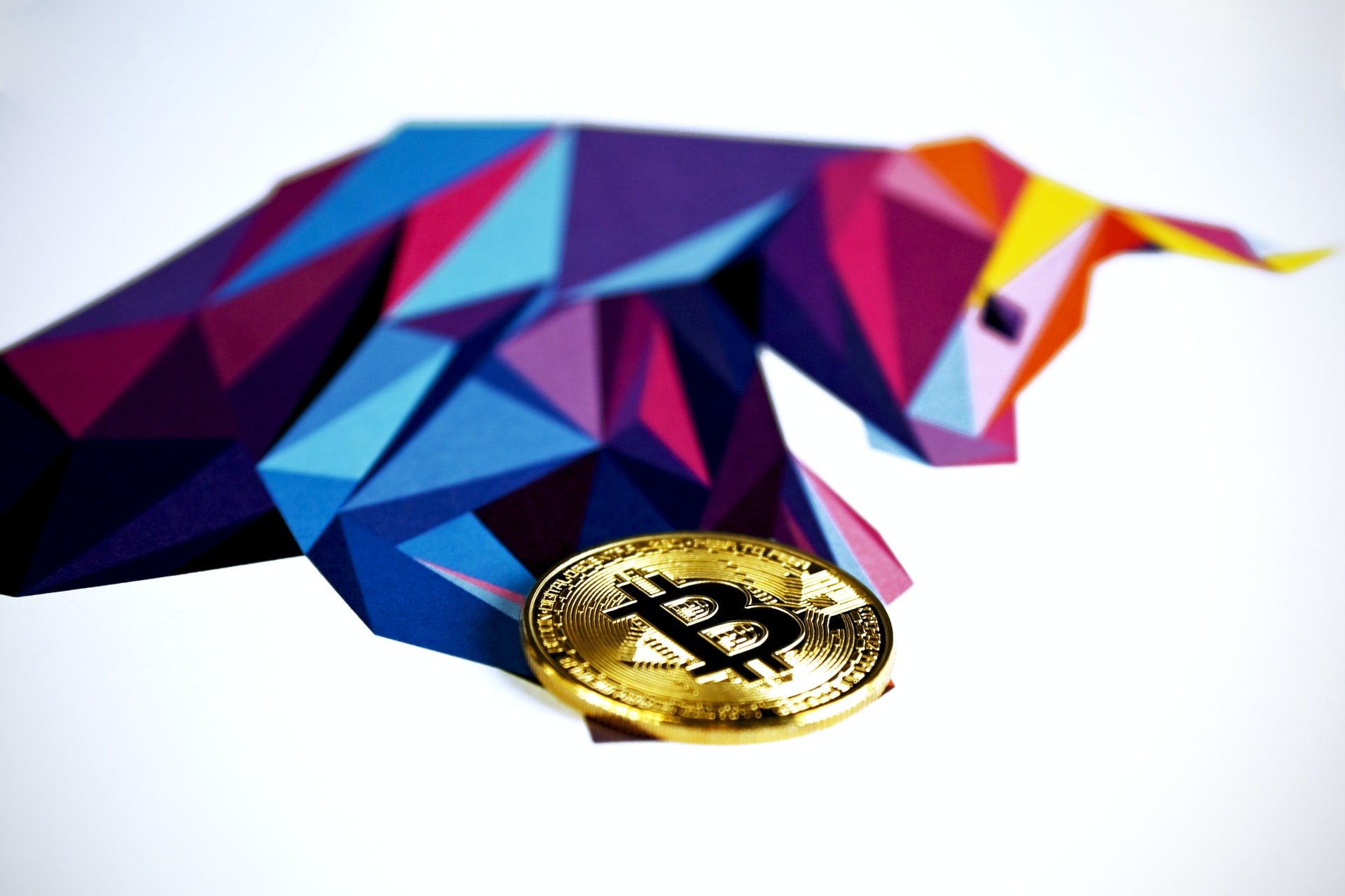 Image of a bitcoin backdropped by a white background with a bull illustration to illustrate the idea of bitcoin investment