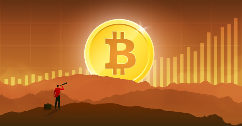 Illustration of a giant bitcoin over the horizon to illustrate the idea of what gives cryptocurrency value