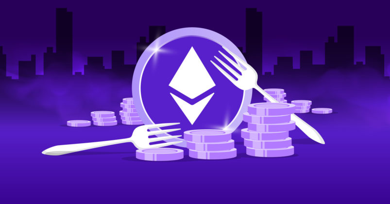 Illustration of a purple Ethereum token with forks and coins in the front to depict the topic of Ethereum Berlin hard fork.