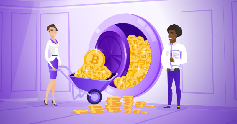Image of a man and woman in front of a bank vault caryying bitcoins to illustrate the topic of what is proof of stake.