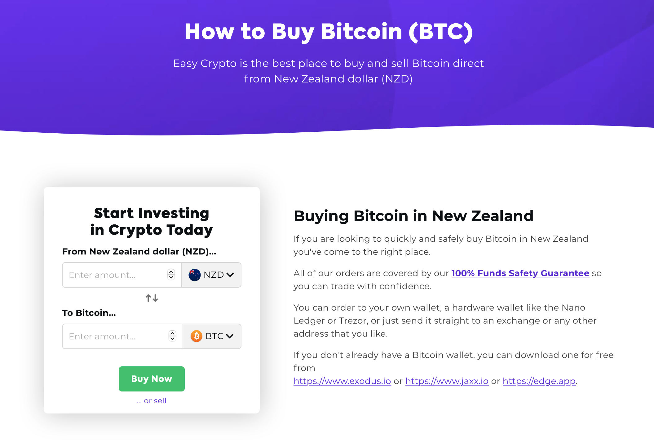 Screenshot of how to buy bitcoin in New Zealand page from Easy Crypto.