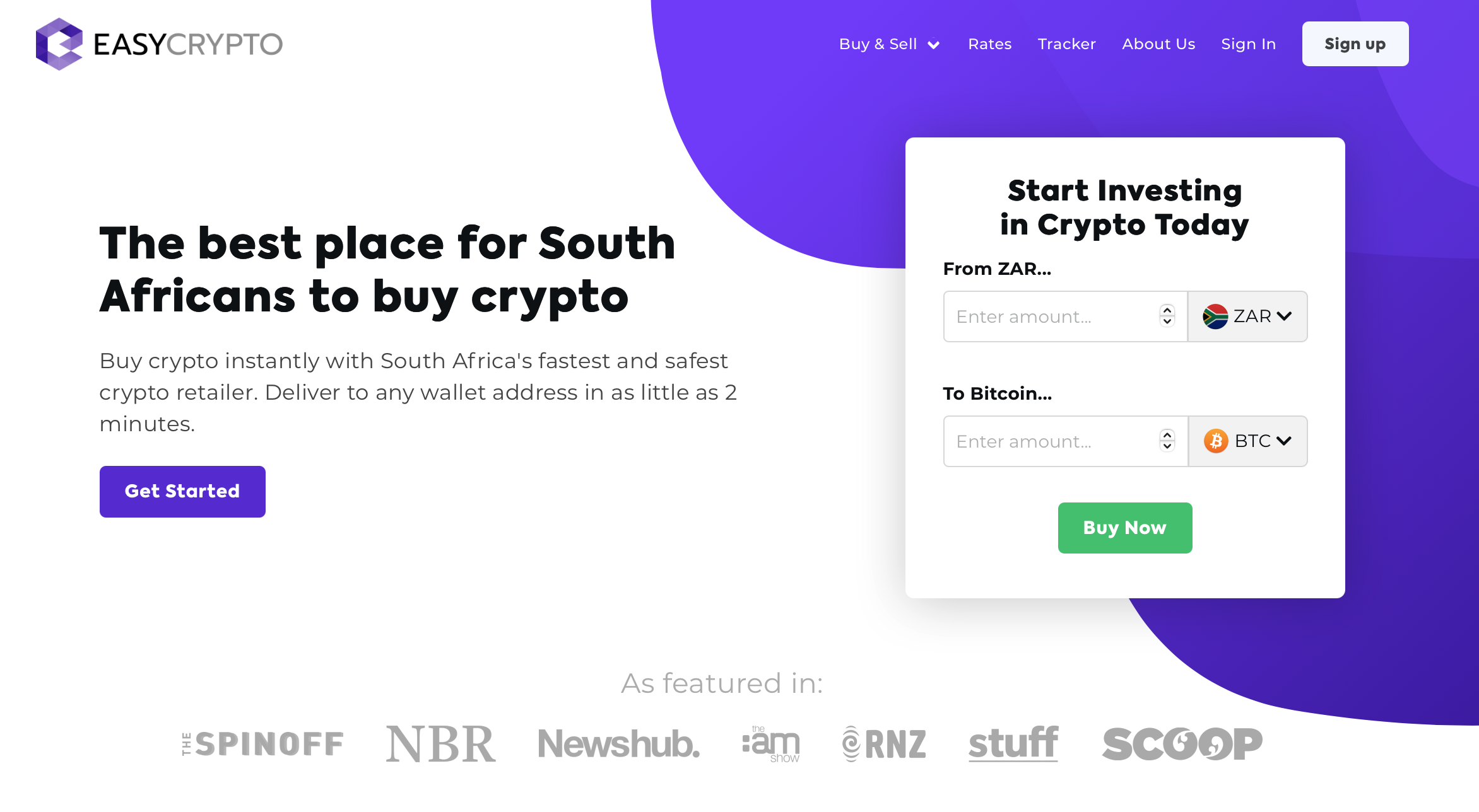 Screenshot of Easy Crypto South Africa showcasing the ZAR and BTC pairing. 