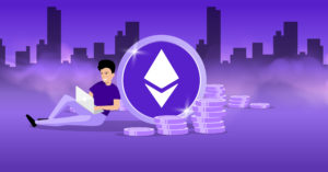 Image of a guy leaning towards the ethereum coin logo to illustrate the idea of what is ethereum.