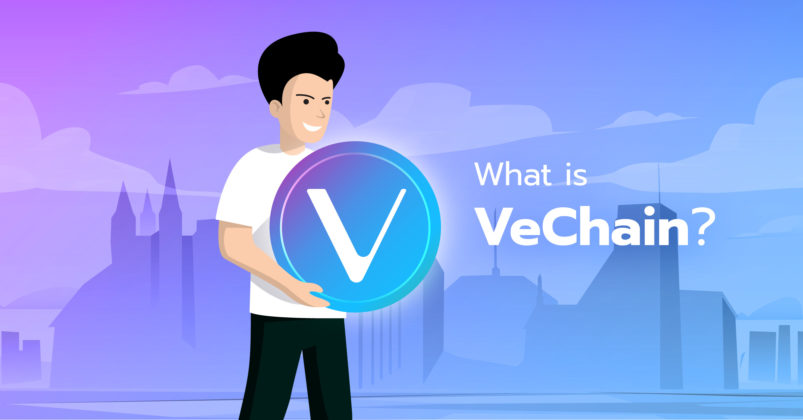 Illustration of a man holding the logo to illustrate the idea of what is VeChain.