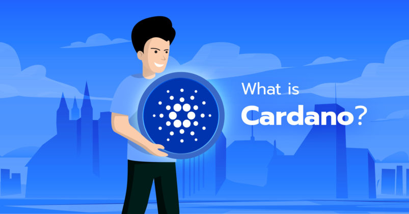 Illustration of a guy holding a cardano logo to illustrate the topic of what is cardano.