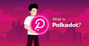 Illustration of a man holding a pink Polkadot logo to illustrate the topic of what is Polkadot.