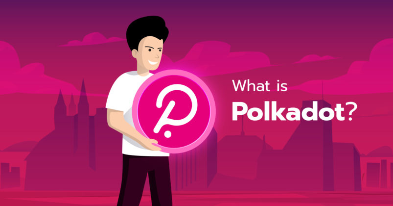 Illustration of a man holding a pink Polkadot logo to illustrate the topic of what is Polkadot.