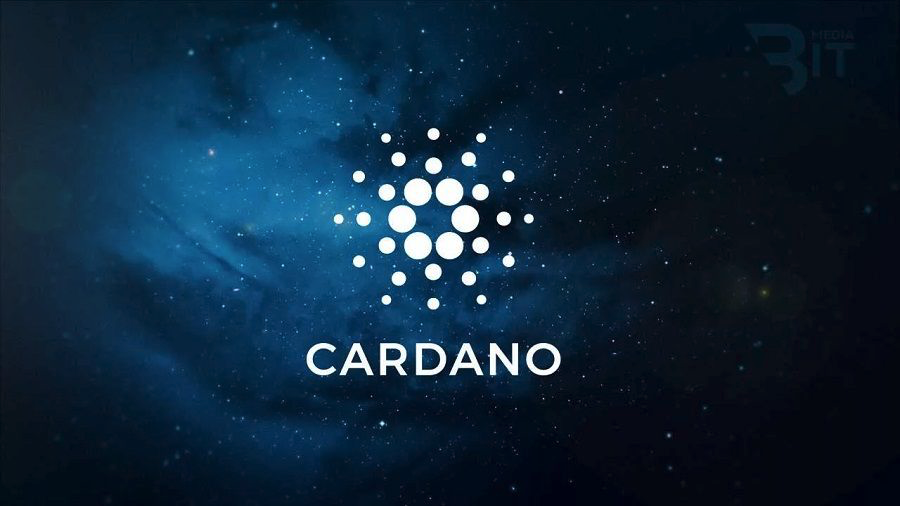 Cardano logo backdropped on a navy and black background.