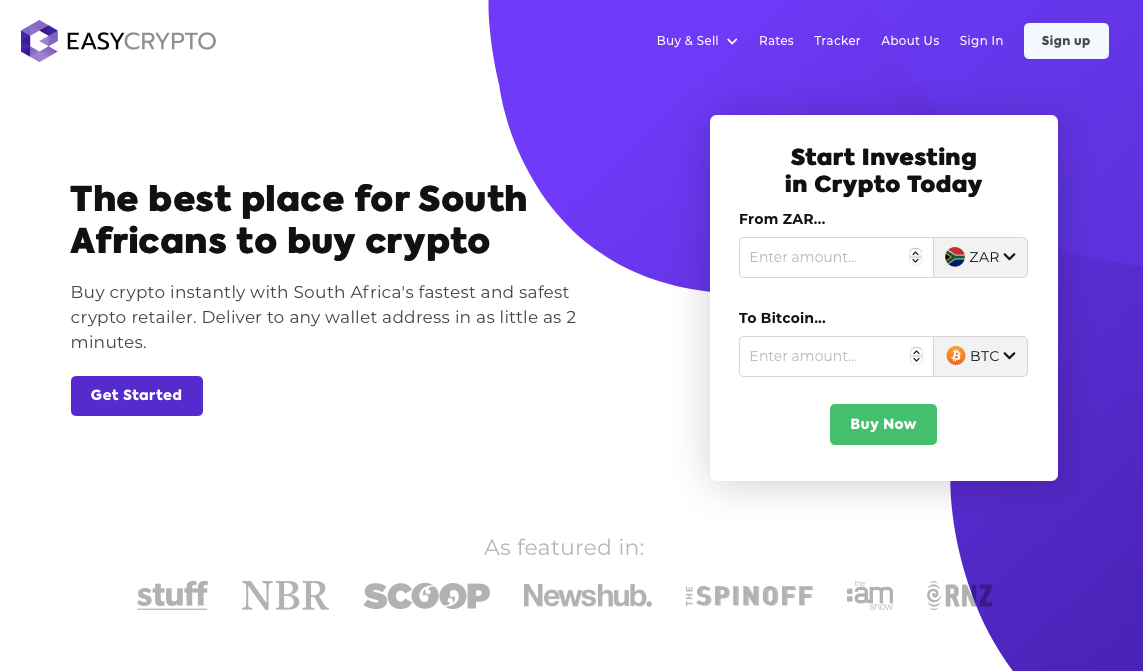 Screenshot of Easy Crypto South Africa homepage showcasing the ZAR and BTC pairing. 