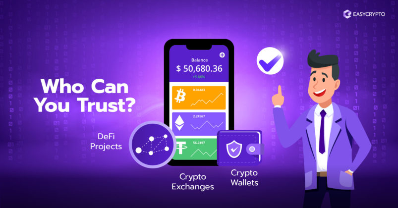 Illustration of a phone displaying a phone, with a guy next to it and logos of defi, crypto exchanges, and crypto wallets.
