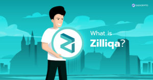 Illustration of a man holding the Zilliqa logo.