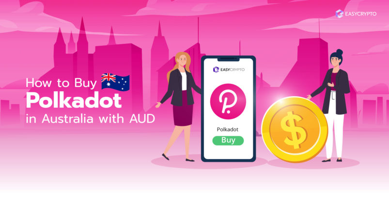 Two people standing next to a phone with the polkadot logo and the australian flag on their right.