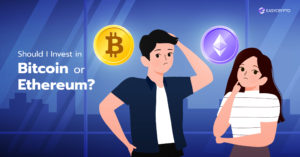 Illustration of a man and woman with the bitcoin and ethereum logo floating in the background.