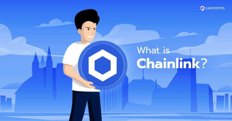 Illustration of a guy holding the Chainlink (LINK) logo.