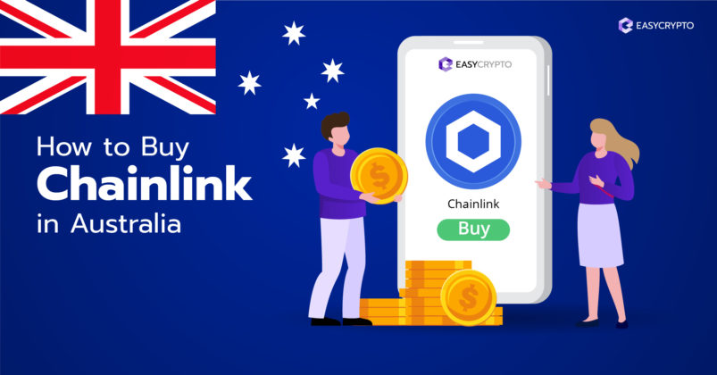 Image of 2 guys standing next to a phone displaying chainlink logo backdropped by the Australian flag to depict the topic of How to Buy Chainlink in Australia.