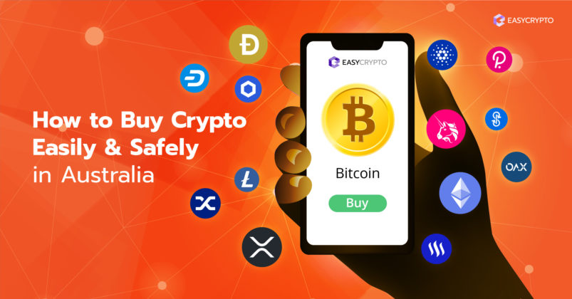 Illustration of a phone displaying crypto coins on an orange background.