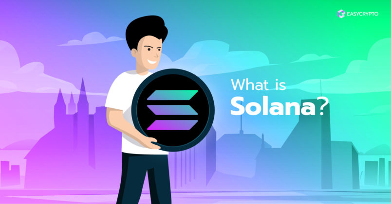 Illustration of a guy holding the Solana logo on a blue and purple background