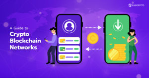 Illustration of 2 phones displaying the different blockchain networks