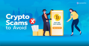 Illustration of a thief and a person next to a bitcoin logo to illustrate the topic of cryptocurrency scams.