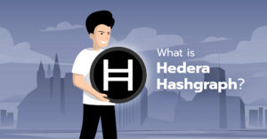 Illustration of a man holding the Hedera Hashgrapph HBAR logo to depict the topic of what is hedera.