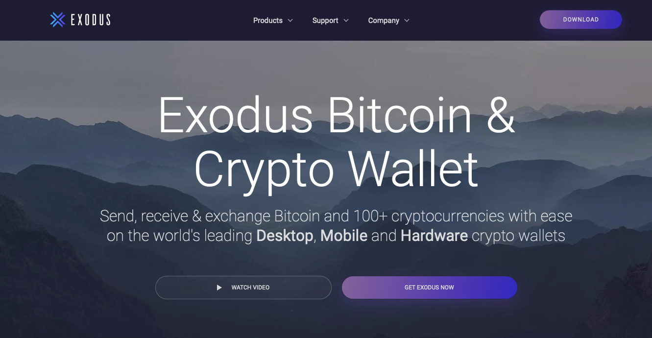 Screenshot of Exodus Crypto Wallet homepage. 